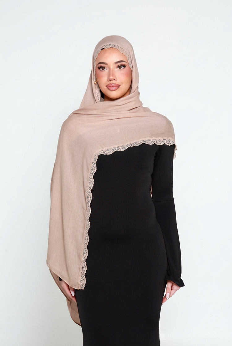 Swan Double Lace Hijab, back view on white background