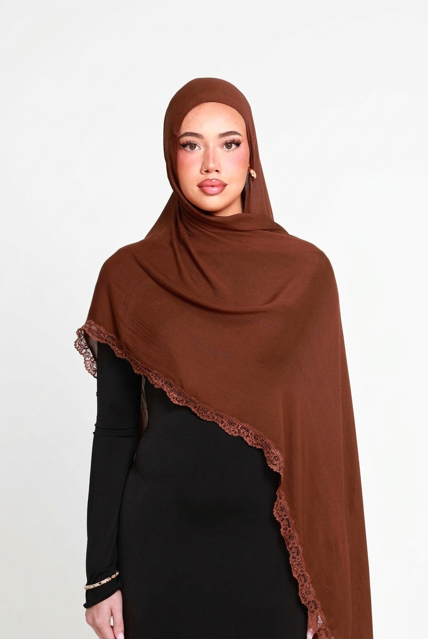 Brunette Single Lace Hijab, front view on white background