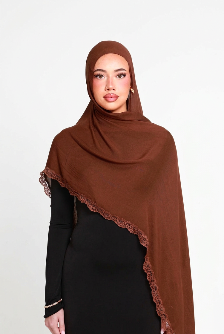 Brunette Single Lace Hijab, front view on white background
