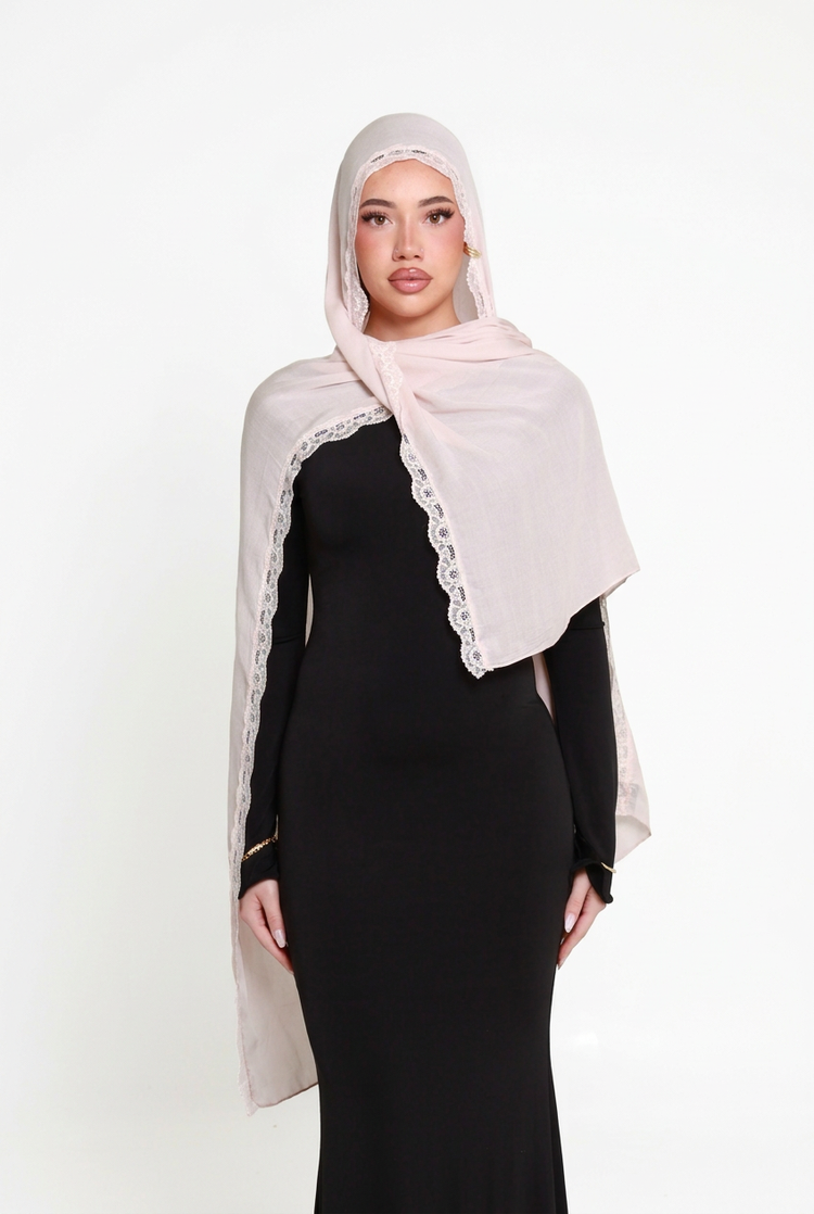 Rosette Double Lace Hijab, front view on white background