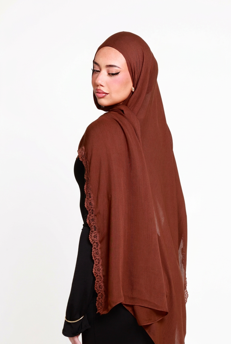 Brunette Single Lace Hijab, back view on white background