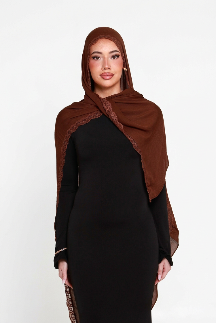 Brunette Double Lace Hijab, front view on white background