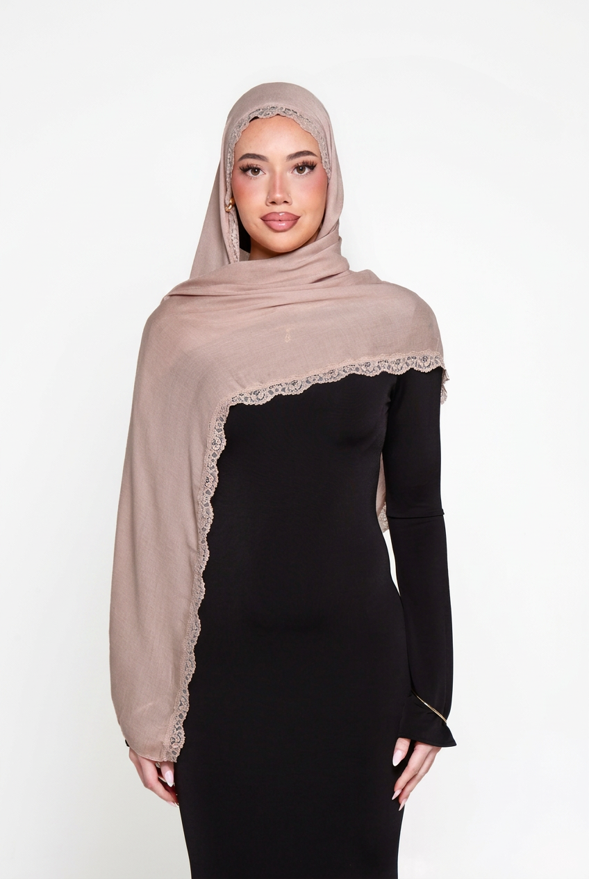 Swan Double Lace Hijab, front view on white background