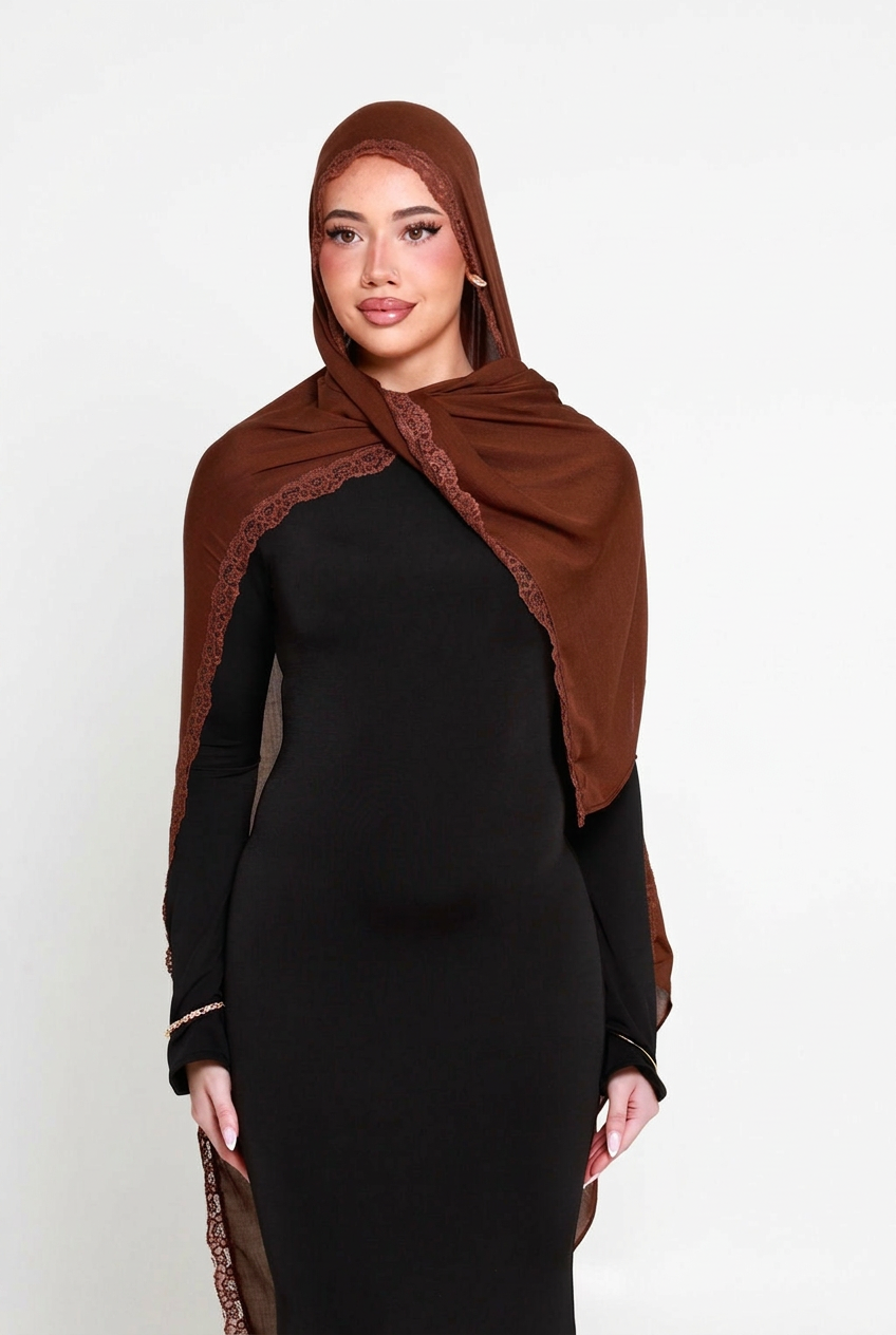 Brunette Double Lace Hijab, back view on white background